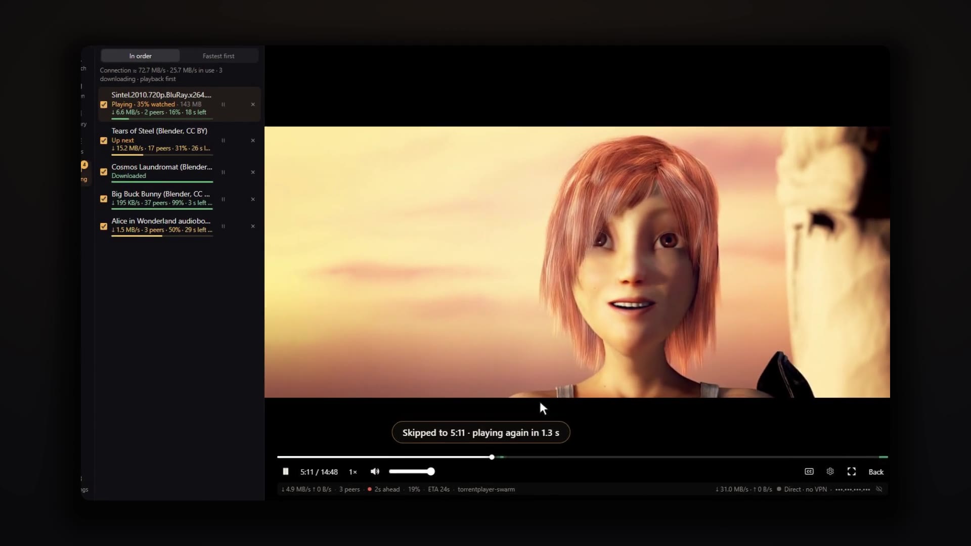 TorrentPlayer playing the film Sintel while the queue downloads in the background.